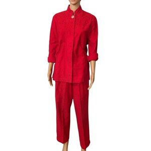 BIS Gene Ewing Women’s Size Small Red Cotton Embroidered Buttonup Top & Pant Set